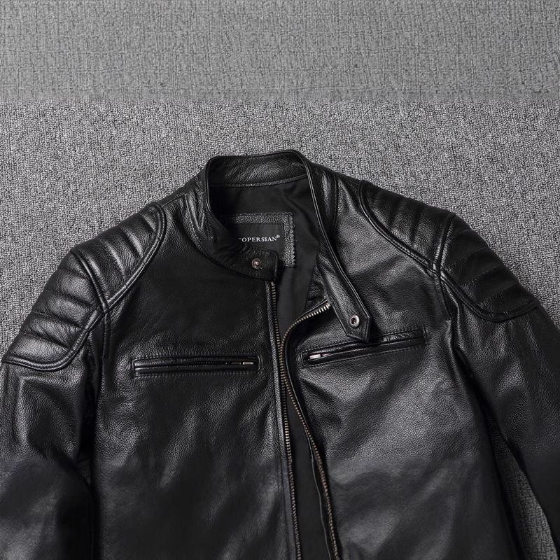 Chaqueta de Cuero Genuino para Hombre con Cuello Mao Estilo Motociclista