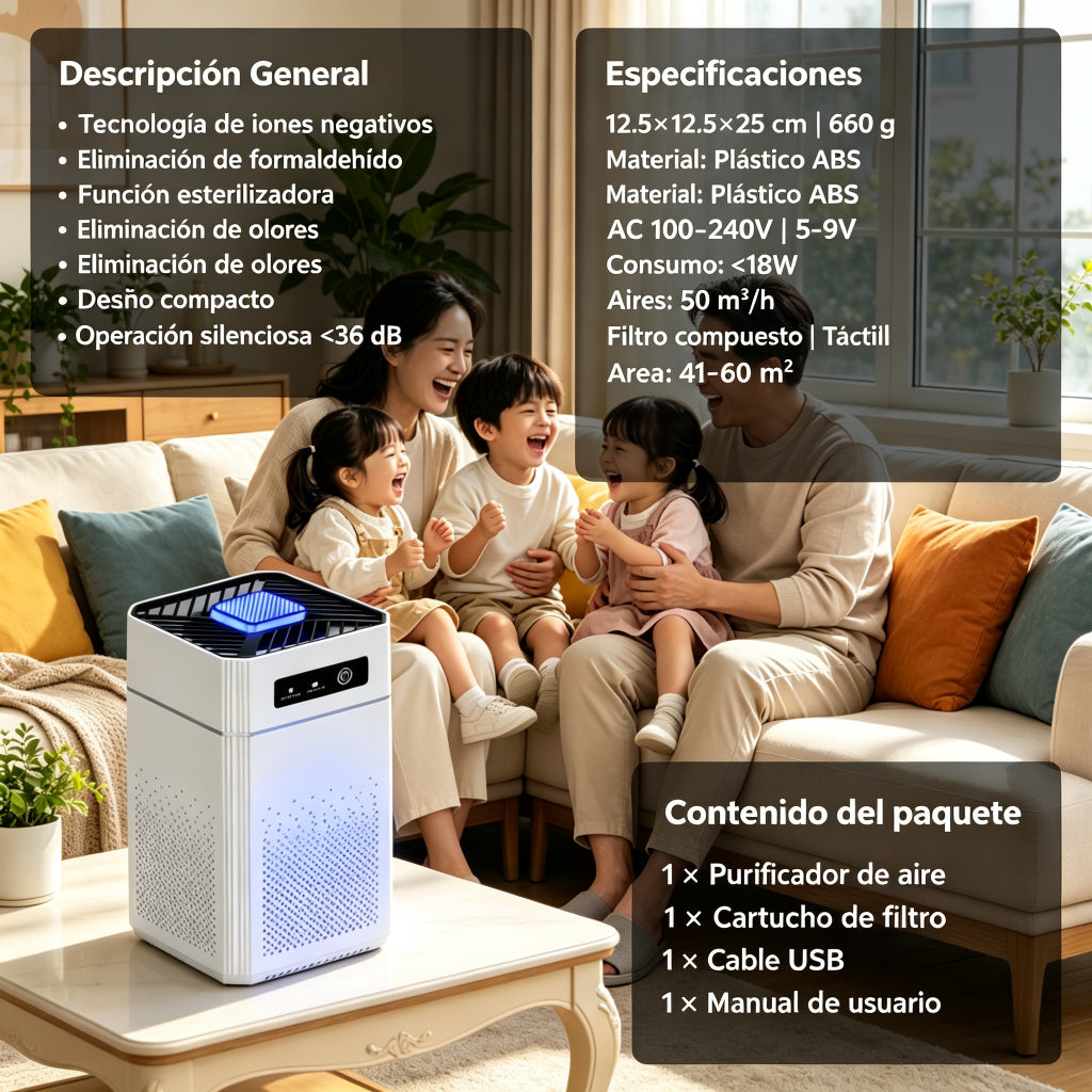 Purificador de Aire de Escritorio con Iones Negativos y Filtro Compuesto