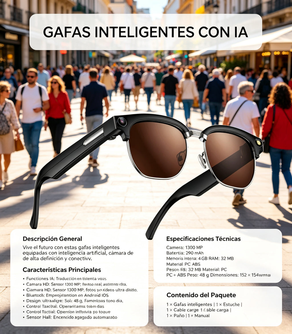 Gafas Inteligentes Bluetooth con IA y Cámara HD