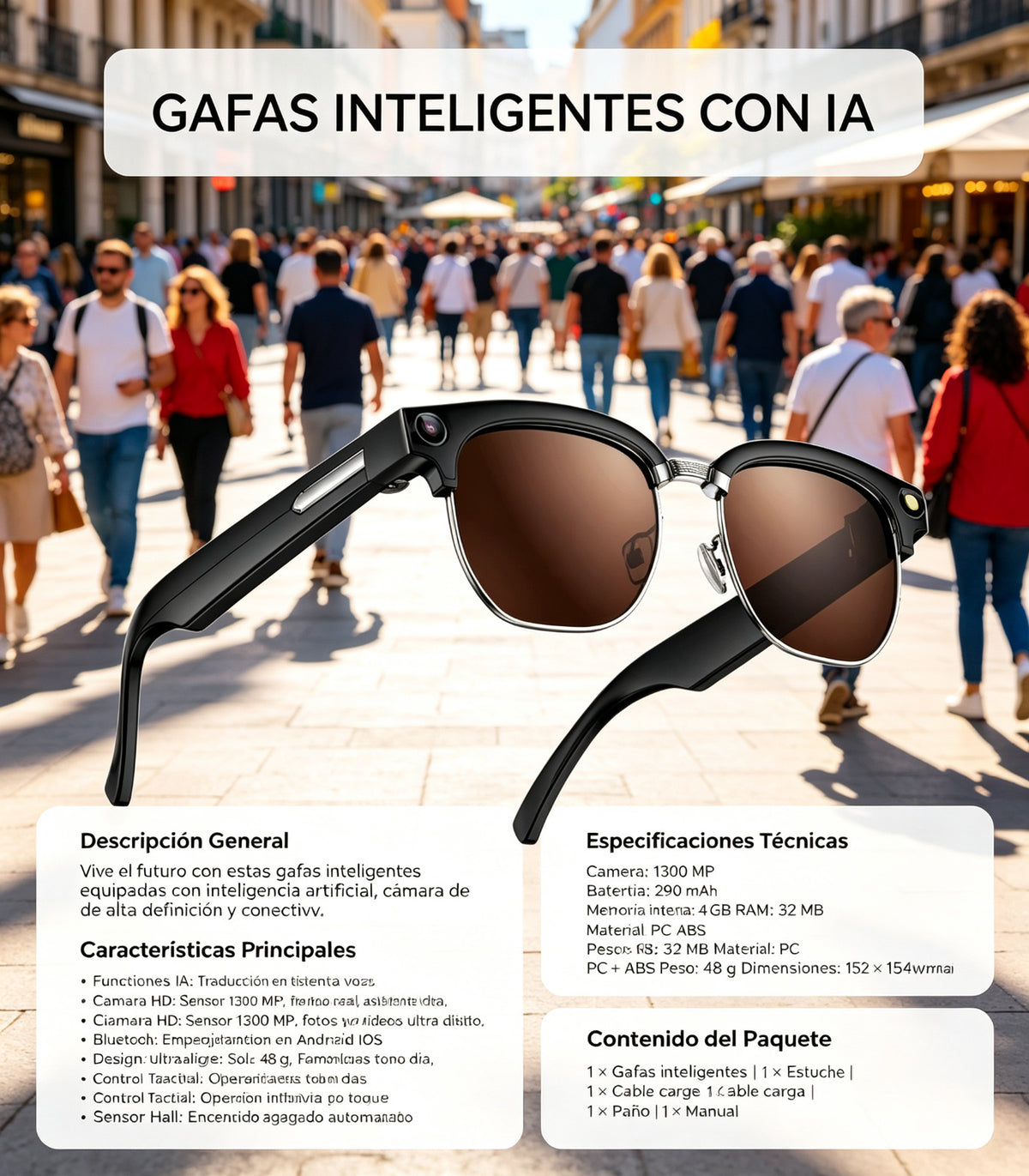 Gafas Inteligentes Bluetooth con IA y Cámara HD