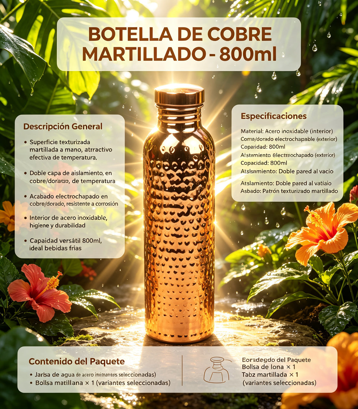 Jarra de Agua Aislada de Acero Inoxidable con Acabado Martillado 800ml