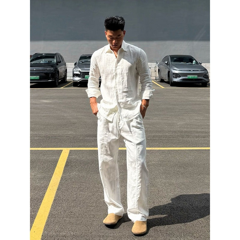Camiseta de Lino para Hombre – Manga Larga Casual de Verano, Botón Abajo