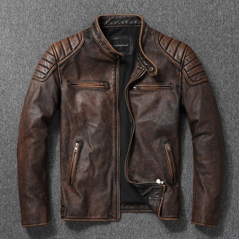 Chaqueta de Cuero Genuino para Hombre con Cuello Mao Estilo Motociclista
