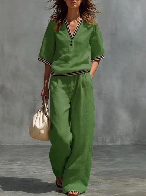 Conjunto de Camisa y Pantalones con Cuello en V de Lino para mujer