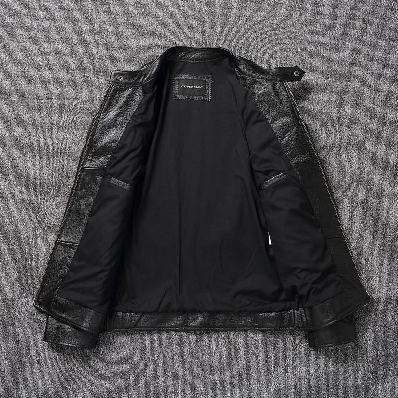 Chaqueta de Cuero Genuino para Hombre con Cuello Mao Estilo Motociclista