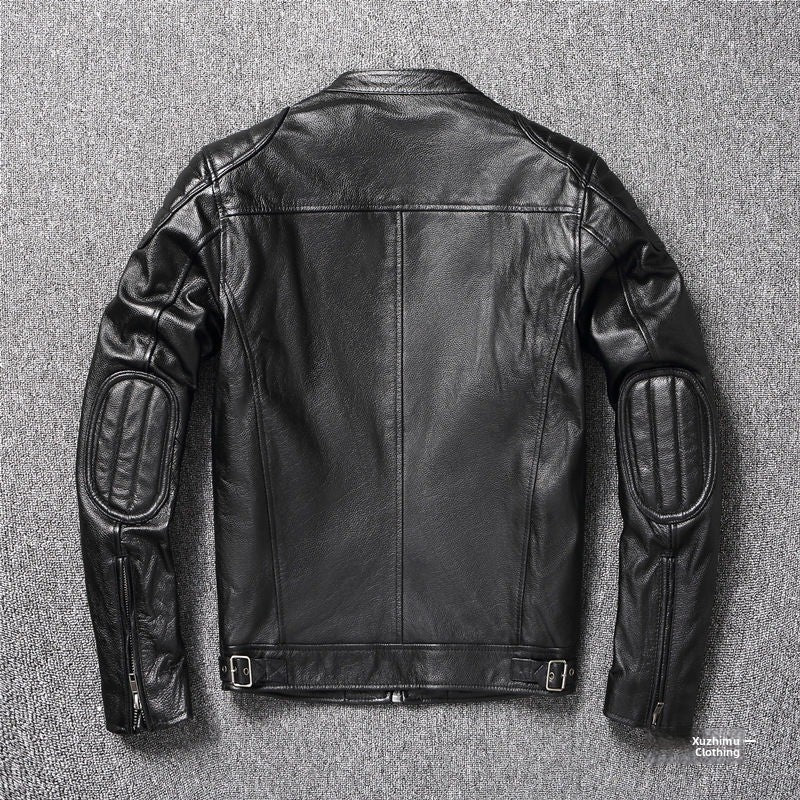 Chaqueta de Cuero Genuino para Hombre con Cuello Mao Estilo Motociclista
