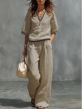 Conjunto de Camisa y Pantalones con Cuello en V de Lino para mujer