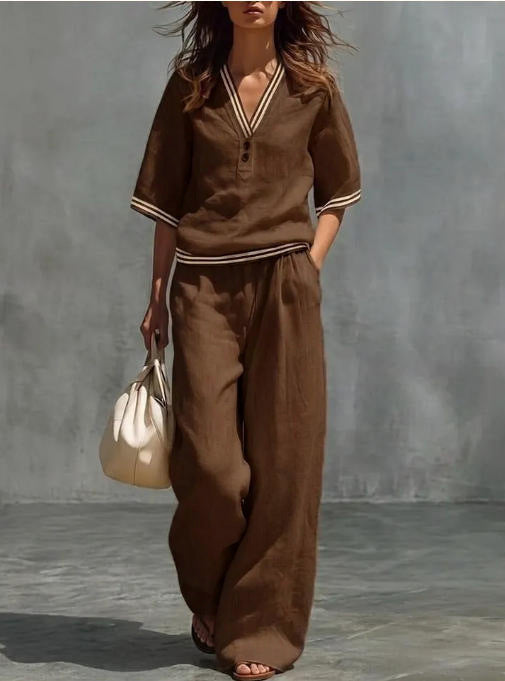 Conjunto de Camisa y Pantalones con Cuello en V de Lino para mujer