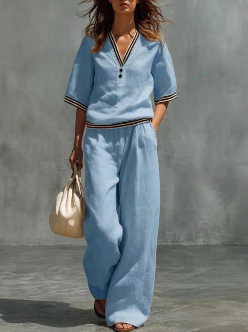 Conjunto de Camisa y Pantalones con Cuello en V de Lino para mujer