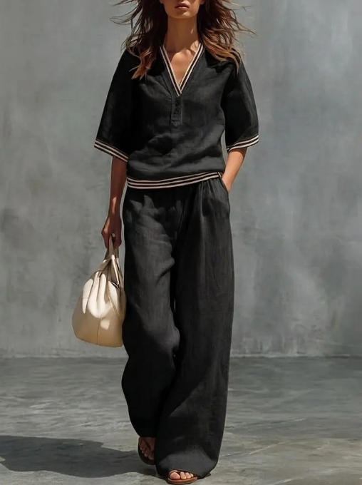 Conjunto de Camisa y Pantalones con Cuello en V de Lino para mujer
