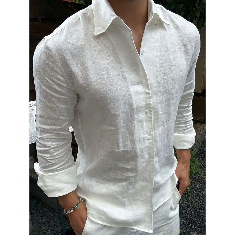 Camiseta de Lino para Hombre – Manga Larga Casual de Verano, Botón Abajo