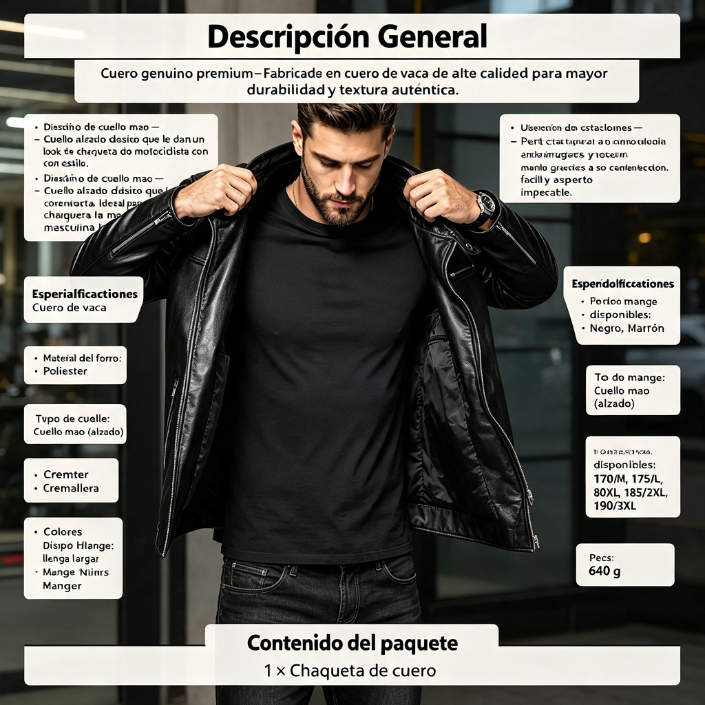 Chaqueta de Cuero Genuino para Hombre con Cuello Mao Estilo Motociclista