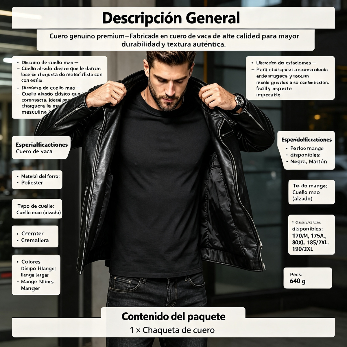 Chaqueta de Cuero Genuino para Hombre con Cuello Mao Estilo Motociclista