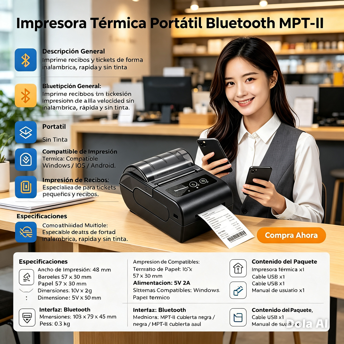 Impresora Térmica Bluetooth Portátil para Recibos MPT-II