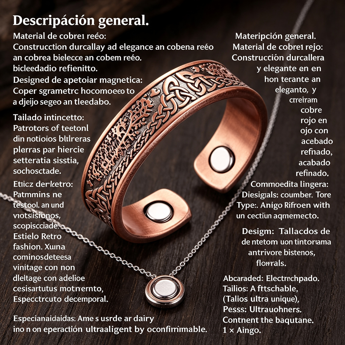 Anillo Abierto Magnético de Cobre Rojo con Diseño Tallado