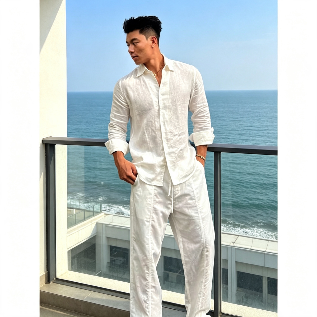 Camiseta de Lino para Hombre – Manga Larga Casual de Verano, Botón Abajo