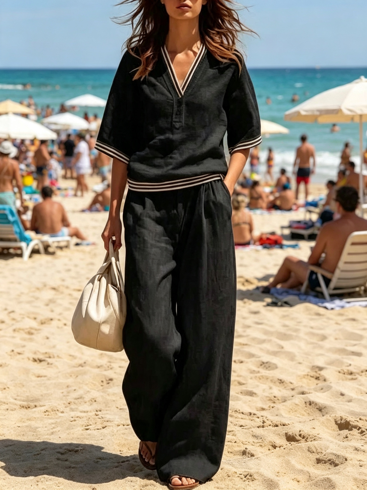 Conjunto de Camisa y Pantalones con Cuello en V de Lino para mujer
