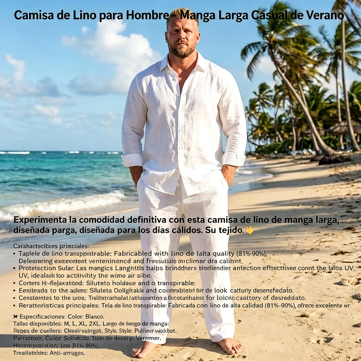 Camiseta de Lino para Hombre – Manga Larga Casual de Verano, Botón Abajo