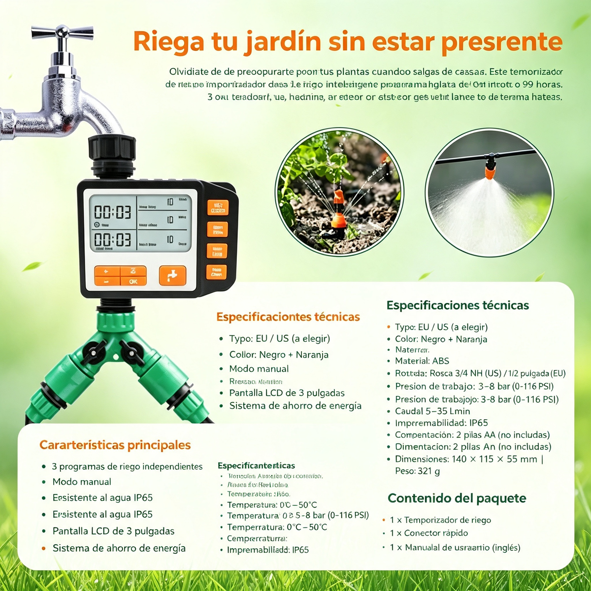 Temporizador de Riego Automático con Pantalla LCD – 3 Programas, IP65