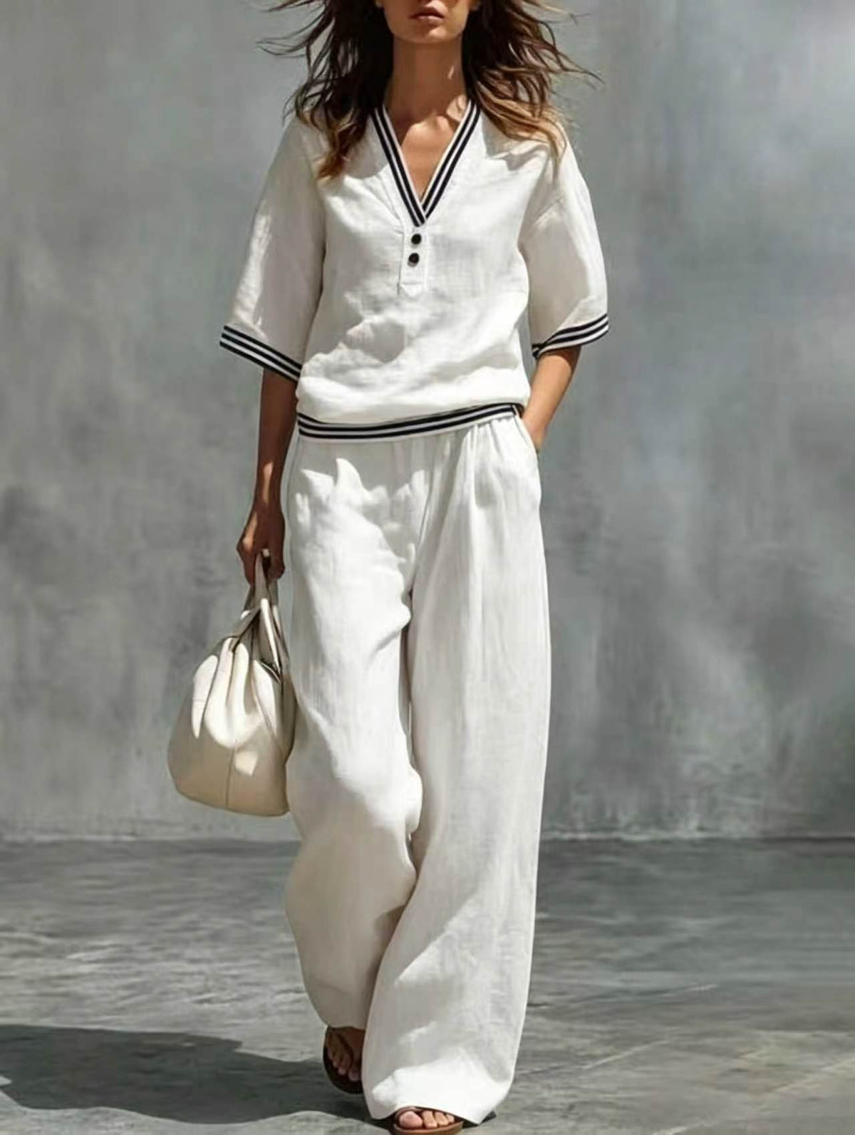 Conjunto de Camisa y Pantalones con Cuello en V de Lino para mujer