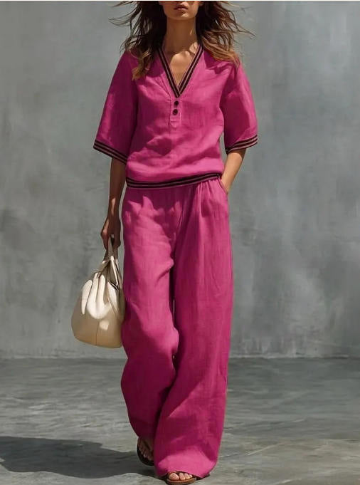 Conjunto de Camisa y Pantalones con Cuello en V de Lino para mujer