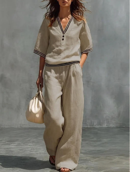 Conjunto de Camisa y Pantalones con Cuello en V de Lino para mujer