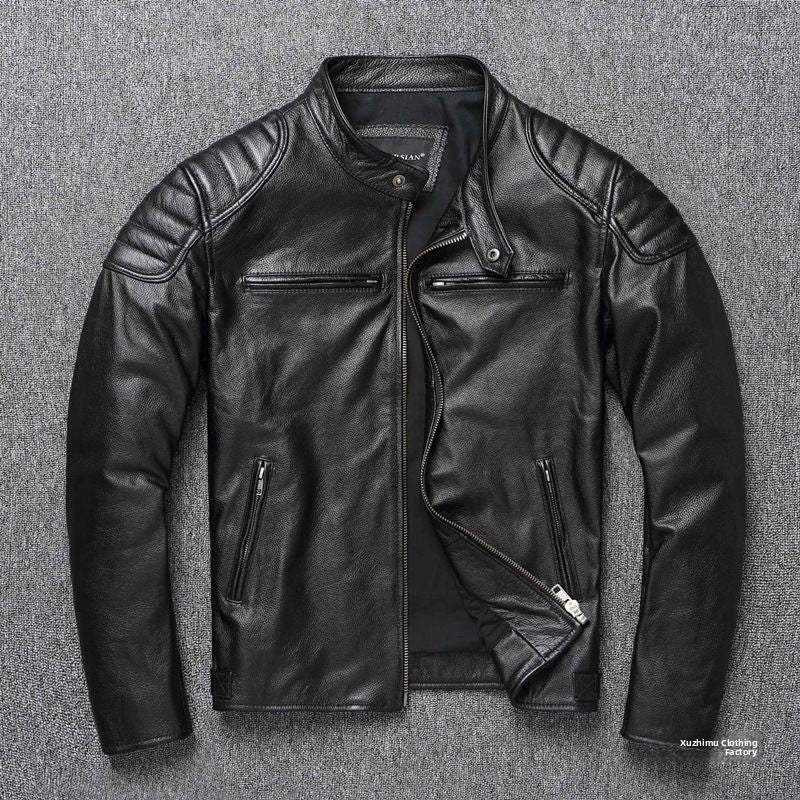 Chaqueta de Cuero Genuino para Hombre con Cuello Mao Estilo Motociclista