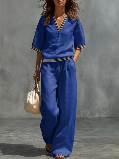 Conjunto de Camisa y Pantalones con Cuello en V de Lino para mujer