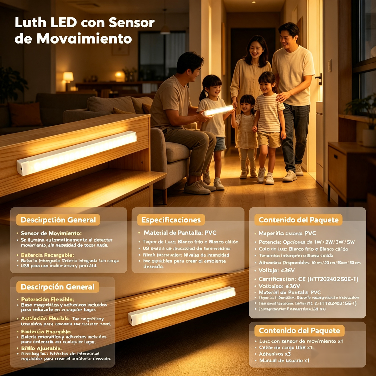 Luz LED con Sensor de Movimiento Recargable USB
